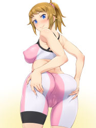 Rule 34 | 1girl, ass, ass grab, bike shorts, blue eyes, breasts, brown hair, cameltoe, covered anus, covered erect nipples, from behind, gundam, gundam build fighters, gundam build fighters try, hoshino fumina, large breasts, looking back, ponytail, shikuta maru, smile, solo