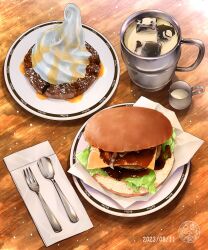 artist_logo bread burger cheese commentary_request dated drink food food_focus fork highres ice_cream lettuce logo meat napkin no_humans ooranokohaku original plate soft_serve spoon still_life table wooden_table