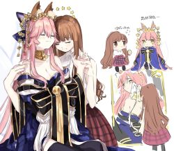 Rule 34 | 10s, 2girls, animal ears, bad id, bad twitter id, bare shoulders, bell, black legwear, blush, breasts, brown hair, cake, chibi, cleavage, closed eyes, commentary request, crying, fate/extra, fate/grand order, fate (series), flower, food, fox ears, hair ornament, highres, holding hands, kishinami hakuno (female), long hair, long sleeves, multiple girls, off shoulder, official alternate costume, pink hair, shirt, sketch, sleeveless, sleeveless shirt, smile, star (symbol), swiss roll, tamamo (fate), tamamo no mae (fate/extra), tamamo no mae (third ascension) (fate), tears, thighhighs, translated, uncle129, very long hair, white background, white shirt, wiping tears, yellow eyes, yuri