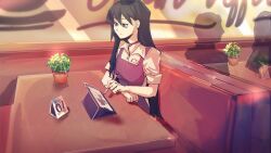 1girl barista black_eyes black_hair booth_seating brooklyn_(rivalhearts) cafe choker drawing_(action) drawing_tablet game_cg highres long_hair non-web_source official_art rivalhearts sitting