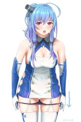 Rule 34 | 1girl, alternate hair color, alternate hair length, alternate hairstyle, azur lane, bare shoulders, blue hair, blush, breasts, cleavage, collarbone, garter straps, gloves, highres, large breasts, looking at viewer, multicolored hair, open mouth, panties, panty pull, pink eyes, pulled by self, purple hair, solo, st. louis (azur lane), thighhighs, underwear, white gloves, white thighhighs, yurashima