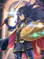 Rule 34 | 1girl, armor, blue eyes, blue hair, boots, breastplate, cape, closed mouth, commentary request, company name, copyright name, dress, elbow pads, falchion (fire emblem), fire emblem, fire emblem (object), fire emblem awakening, fire emblem cipher, gloves, holding, holding sword, holding weapon, long hair, looking away, lucina (fire emblem), nintendo, official art, shield, short dress, shoulder armor, shoulder pads, solo, sword, thigh boots, thighhighs, tiara, toyo sao, weapon