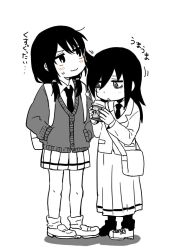 Rule 34 | 2girls, blush, check translation, chikiso, commentary request, cup, full body, greyscale, hair between eyes, hands in pockets, holding, holding cup, kuroki tomoko, long hair, long skirt, long sleeves, looking up, low twintails, monochrome, multiple girls, open mouth, partially translated, pleated skirt, shoes, skirt, spot color, starbucks, sweat, tamura yuri, translation request, triangle mouth, twintails, watashi ga motenai no wa dou kangaetemo omaera ga warui!, wavy mouth, white background