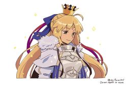 Rule 34 | 1girl, armor, artoria caster (fate), artoria caster (third ascension) (fate), artoria pendragon (fate), asaya minoru, blonde hair, breastplate, capelet, closed mouth, cropped torso, crown, english text, facial mark, fate/grand order, fate (series), forehead mark, fur-trimmed capelet, fur trim, green eyes, long hair, looking away, mini crown, puffy sleeves, smile, solo, twitter username, upper body, very long hair, watermark, white capelet