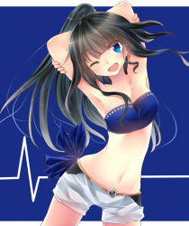 Rule 34 | 1girl, armpits, black hair, blue eyes, breasts, cleavage, highres, long hair, looking at viewer, navel, one eye closed, open mouth, original, ponytail, short shorts, shorts, solo, strapless, xe-cox