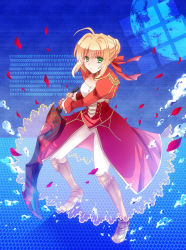 Rule 34 | 10s, 1girl, aestus estus, ahoge, armor, blonde hair, delusion syndrome, dress, epaulettes, fate/extra, fate/stay night, fate (series), greaves, green eyes, hair ribbon, nero claudius (fate), nero claudius (fate) (all), nero claudius (fate/extra), pantyhose, red dress, ribbon, see-through, solo, sword, weapon