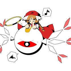 Rule 34 | 1girl, bandages, braid, brown hair, halo, hat, highres, kirby (series), kirby 64, musical note, nintendo, rika (touhou), simple background, squiggle, touhou, touhou (pc-98), white background, wings, zero two (kirby)