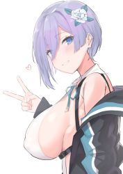 Rule 34 | 1girl, bare shoulders, black jacket, blue eyes, blue ribbon, blush, breasts, character request, commentary request, counter:side, flower, from side, hair flower, hair ornament, hand up, heart, highres, jacket, jageungansik, large breasts, long sleeves, looking at viewer, looking to the side, neck ribbon, off shoulder, purple hair, ribbon, shirt, short hair, sideboob, simple background, smile, solo, upper body, v, white background, white flower, white shirt