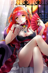 Rule 34 | 1girl, alternate costume, bare shoulders, braid, breasts, choker, cleavage, curtains, dress, hand fan, frilled dress, frills, full moon, holding, large breasts, layered dress, crossed legs, long hair, lowres, maid headdress, mca, mca (dessert candy), moon, mother demon (sword girls), nail polish, night, orange eyes, red hair, sitting, skull, solo, sword girls, very long hair