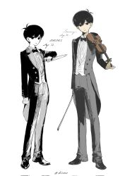 2boys black_bow black_bowtie black_eyes black_footwear black_hair black_pants bow bow_(music) bowtie character_name closed_mouth corrupted_twitter_file expressionless formal_clothes highres holding holding_bow_(music) holding_instrument holding_knife holding_violin instrument kmkmkmkm knife long_sleeves looking_at_viewer male_focus multiple_boys omori omori_(omori) pants short_hair simple_background suit sunny_(omori) tailcoat violin white_background