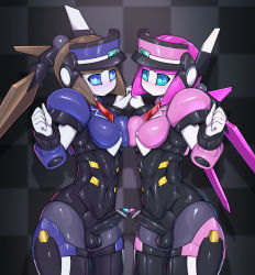 Rule 34 | 2girls, armor, blue eyes, blush, brown hair, colored skin, copyright request, erection, from side, futa with futa, futanari, hand up, humanoid robot, looking at viewer, looking to the side, multiple girls, multiple penises, navel, nipples, no mouth, pauldrons, penis, penises touching, pink hair, pochincoff, robot, shoulder armor, testicles, toned, twintails, visor cap, white skin