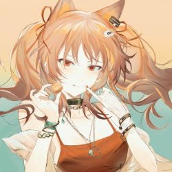 Rule 34 | 1girl, angelina (arknights), angelina (summer flower) (arknights), animal ears, arknights, bracelet, brown hair, earpiece, extra ears, food, fox ears, gradient background, hair ornament, hairclip, hands up, highres, holding, holding food, infection monitor (arknights), jewelry, long hair, looking at viewer, mugimaipiancha, nail polish, necklace, official alternate costume, one-piece swimsuit, pinky out, red eyes, red nails, red one-piece swimsuit, simple background, solo, swimsuit, twintails, upper body