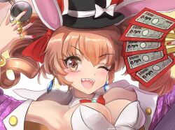 Rule 34 | 1girl, ;d, banknote, black hat, bow, breasts, cleavage, commentary, drill hair, earrings, hat, hat bow, holding, holding money, jewelry, large breasts, looking at viewer, money, namiki (remiter00), one eye closed, open mouth, orange eyes, orange hair, red nails, ring, sharp teeth, simple background, smile, solo, symbol-only commentary, teeth, touhou, twin drills, upper body, white background, white bow, yorigami jo&#039;on
