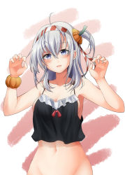 Rule 34 | 1girl, ahoge, arm scrunchie, black tank top, blush, bottomless, breasts, claw pose, cleavage, cosplay, grey eyes, habara meguru, hachimaki, hair between eyes, halloween, headband, highres, kantai collection, libeccio (kancolle), libeccio (kancolle) (cosplay), long hair, medium breasts, one side up, open mouth, out-of-frame censoring, scrunchie, silver hair, simple background, solo, striped, striped headband, suzutsuki (kancolle), tank top, two-tone background