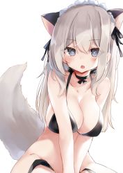 Rule 34 | 1girl, :o, animal ears, bad id, bad pixiv id, bare arms, bare shoulders, bikini, black bikini, black choker, blue eyes, breasts, cat ears, cat tail, choker, cleavage, collarbone, grey hair, groin, hair ribbon, headdress, heart, heart-shaped pupils, highres, large breasts, long hair, looking at viewer, nekomugiharu, open mouth, original, ribbon, simple background, solo, swimsuit, symbol-shaped pupils, tail, v arms, white background
