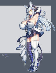 Rule 34 | 1girl, alternate breast size, animal ears, argyle, argyle clothes, argyle legwear, armpits, arms behind head, arms up, asymmetrical legwear, black ribbon, bow, breasts, closed mouth, commentary, dated, dress, facial mark, flower, full body, garter straps, girls&#039; frontline, green eyes, grey hair, hair flower, hair ornament, hair ribbon, hat, high heels, hk416 (girls&#039; frontline), hk416 (herbal-flavored hard candy) (girls&#039; frontline), huge breasts, long hair, looking at viewer, melon22, mismatched legwear, official alternate costume, purple flower, purple hat, purple thighhighs, rabbit ears, rabbit girl, rabbit tail, ribbon, short dress, sidelocks, solo, standing, tail, teardrop, thighhighs, v-shaped eyebrows, white dress, white flower, white footwear, white thighhighs