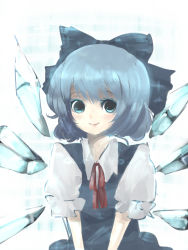 Rule 34 | 1girl, blue eyes, blue hair, cirno, embodiment of scarlet devil, fairy, fairy wings, female focus, gradient background, kuroazi, matching hair/eyes, solo, touhou, white background, wings