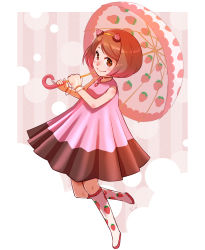 Rule 34 | 1girl, apollo chocolate, brown eyes, brown hair, dress, food print, gloves, hairband, highres, kneehighs, personification, short hair, smile, socks, solo, strawberry print, toshi punk, umbrella