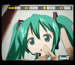 Rule 34 | 00s, 1girl, :o, camera, green eyes, green hair, hatsune miku, ixy, long hair, looking at viewer, matching hair/eyes, open mouth, solo, twintails, viewfinder, vocaloid