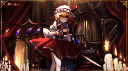 Rule 34 | 1girl, absurdres, ascot, back bow, blonde hair, bow, closed mouth, collared shirt, crystal, dated, english text, feet out of frame, flandre scarlet, frilled shirt collar, frilled vest, frills, hair between eyes, hat, hat ribbon, highres, holding, holding sword, holding weapon, indoors, instrument, large bow, looking at viewer, medium hair, mob cap, multicolored wings, organ (instrument), puffy short sleeves, puffy sleeves, red curtains, red ribbon, red skirt, red vest, ribbon, shirt, short sleeves, side ponytail, skirt, skirt set, solo, sword, thighhighs, top-exerou, touhou, vest, weapon, white bow, white hat, white shirt, white thighhighs, wings, wrist cuffs, yellow ascot