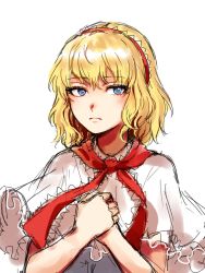 Rule 34 | 1girl, alice margatroid, blonde hair, blue eyes, bow, capelet, expressionless, frown, hair bow, highres, kuya (hey36253625), looking at viewer, neck ribbon, ribbon, short hair, solo, touhou, upper body