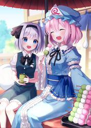 Rule 34 | 2girls, arm up, belt, black bow, black hairband, black neckwear, blue belt, blue bow, blue eyes, blue flower, blue headwear, blue kimono, blue sleeves, blush, bow, breasts, bush, buttons, closed eyes, cloud, collar, cup, dango, dress, eyes visible through hair, floral print, flower, food, ghost, ghost print, green dress, hair between eyes, hairband, hand up, hands up, hat, highres, japanese clothes, kimono, konpaku youmu, konpaku youmu (ghost), light, long sleeves, looking at another, medium breasts, multiple girls, oil-paper umbrella, open mouth, pink hair, puffy short sleeves, puffy sleeves, saigyouji yuyuko, sanshoku dango, shadow, short hair, short sleeves, silver hair, sitting, sky, smile, suzuno naru, touhou, umbrella, wagashi, white collar, white sleeves