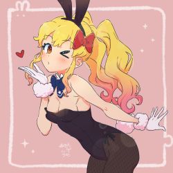 Rule 34 | &gt; o, 1girl, aikatsu! (series), aikatsu stars!, animal ears, artist name, bare shoulders, black hairband, black leotard, blonde hair, blowing kiss, blue bow, blue bowtie, blush, bow, bowtie, breasts, brown eyes, cleavage, commentary, covered navel, cowboy shot, dated, detached collar, fake animal ears, fake tail, fishnet pantyhose, fishnets, framed, from side, fur trim, gloves, gradient hair, hair bow, hairband, heart, highres, leaning forward, leotard, long hair, looking at viewer, medium breasts, multicolored hair, nijino yume, one eye closed, pantyhose, pink background, pink hair, playboy bunny, puckered lips, rabbit ears, rabbit tail, red bow, side-tie leotard, signature, simple background, solo, star (symbol), star print, strapless, strapless leotard, susinoyama, tail, twintails, wavy hair, white gloves, wrist cuffs
