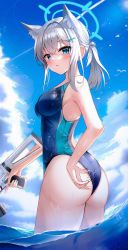 Rule 34 | 1girl, absurdres, adjusting clothes, adjusting swimsuit, animal ear fluff, animal ears, ass, assault rifle, bare shoulders, blue archive, blue eyes, breasts, competition swimsuit, cowboy shot, cross hair ornament, extra ears, from behind, from below, grey hair, gun, hair ornament, halo, highres, impossible clothes, impossible swimsuit, li se, long hair, looking at viewer, looking back, medium breasts, mismatched pupils, one-piece swimsuit, ponytail, shiroko (blue archive), shiroko (swimsuit) (blue archive), sidelocks, sig sauer 556, sky, swimsuit, water, weapon, wedgie, wolf ears
