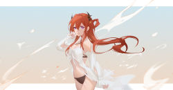 Rule 34 | 1girl, absurdres, arknights, bare shoulders, bikini, black bikini, blue background, breasts, brown background, cleavage, cowboy shot, detached sleeves, gradient background, hair between eyes, hair rings, hand on own face, highres, horn ornament, horns, long hair, long sleeves, looking at viewer, moeey tienan, navel, official alternate costume, parted lips, photoshop (medium), purple eyes, red hair, smile, solo, star (symbol), stomach, surtr (arknights), surtr (colorful wonderland) (arknights), swimsuit, swimsuit cover-up, very long hair