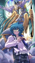 Rule 34 | 1boy, belt, blue jacket, card, commentary, cropped jacket, cropped legs, dragon, duel monster, feathered wings, frilled sleeves, frills, green eyes, green hair, head wings, high collar, highres, holding, holding card, horns, jacket, johan andersen, long sleeves, looking at viewer, rainbow dragon overdrive, shirt, single horn, sleeveless, sleeveless jacket, smile, twitter username, white belt, white shirt, wings, yu-gi-oh!, yu-gi-oh! gx, zealmaker