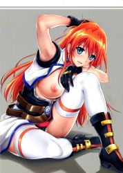 Rule 34 | 1girl, absurdres, armpits, belt, black gloves, black panties, blue eyes, blush, boots, breasts, breasts out, cyclone (reizei), gloves, highres, huge breasts, long hair, looking at viewer, lyrical nanoha, mahou senki lyrical nanoha force, mahou shoujo lyrical nanoha, mahou shoujo lyrical nanoha strikers, nipples, open clothes, open mouth, orange hair, panties, sitting, smile, solo, sweat, teana lanster, thighhighs, underwear, white thighhighs