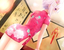 Rule 34 | 1girl, china dress, chinese clothes, cowboy shot, dress, dutch angle, flower, hair flower, hair ornament, highres, itomi sayaka, looking at viewer, looking back, natsu (927013), parted lips, pink dress, pink flower, print dress, purple eyes, short dress, short hair, short sleeves, side slit, silver hair, solo, toji no miko