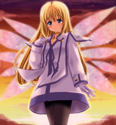 Rule 34 | 00s, 1girl, black pantyhose, blonde hair, blue eyes, chisato (missing park), choker, coat, colette brunel, female focus, gloves, long hair, outdoors, pantyhose, sky, smile, solo, sunset, tales of (series), tales of symphonia, white gloves, wings