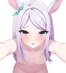 Rule 34 | 1girl, absurdres, animal ears, bad id, bad pixiv id, blush, breasts, collarbone, hair ornament, highres, horse ears, horse girl, looking at viewer, louche, mejiro mcqueen (umamusume), navel, nude, open mouth, out-of-frame censoring, paid reward available, petite, pov, purple eyes, purple hair, reaching, reaching towards viewer, simple background, small breasts, solo, umamusume, white background