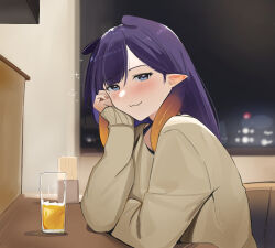 Rule 34 | 1girl, alcohol, beer, blue eyes, blush, cheek rest, closed mouth, cup, drinking glass, fang, highres, hololive, hololive english, indoors, ku roiko, long sleeves, looking at viewer, mole, mole under eye, ninomae ina&#039;nis, pointy ears, purple hair, sleeves past wrists, smile, solo, sweater, tentacle hair, upper body, virtual youtuber