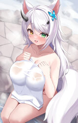 Rule 34 | 1girl, absurdres, animal ears, bare shoulders, black horns, breasts, butterfly hair ornament, collarbone, commission, copyright request, elegant (sumisumi4268), green eyes, grey hair, hair ornament, hands on own chest, heterochromia, highres, horns, large breasts, long hair, naked towel, onsen, open mouth, sitting, solo, tail, towel, wet, yellow eyes