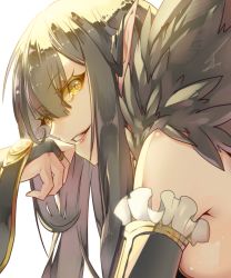 Rule 34 | 1girl, backless outfit, bare shoulders, black dress, black hair, bridal gauntlets, close-up, commentary request, detached sleeves, dress, eyelashes, fate/apocrypha, fate/grand order, fate (series), feather trim, feathers, frills, from side, fur trim, hand to own mouth, long dress, long hair, looking to the side, pointy ears, saihate (d3), semiramis (fate), smile, smirk, solo, turning head, yellow eyes