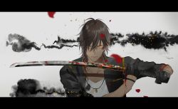 Rule 34 | 10s, 1boy, brown hair, gloves, highres, jewelry, katana, letterboxed, male focus, necklace, ookurikara, short hair, solo, sword, touken ranbu, vient, weapon, yellow eyes