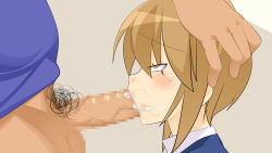 Rule 34 | 1girl, blush, bottomless, breasts, brown hair, censored, cum, cum in mouth, facial, fellatio, from side, half-closed eyes, hands on another&#039;s head, hayami (minami-ke), highres, indoors, irrumatio, large breasts, legs, makarou, male pubic hair, minami-ke, mosaic censoring, nose blush, oral, penis, pubic hair, short hair, simple background, solo focus, standing, sweat, thighs, upper body, yellow eyes
