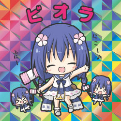 Rule 34 | &gt; &lt;, 0 0, 3girls, :d, :o, bare arms, bare shoulders, barefoot, bikkuriman, bikkuriman (style), blue hair, blue sailor collar, blush, bobby socks, bow, braid, character name, chibi, closed eyes, dress, eighth note, facing viewer, flower, flower knight girl, full body, grey footwear, hair between eyes, hair flower, hair ornament, holding, long hair, looking at viewer, low twintails, multiple girls, musical note, o o, open mouth, outstretched arm, parody, toy hammer, pink flower, red bow, ri-net, sailor collar, sailor dress, shoes, smile, socks, standing, standing on one leg, style parody, translation request, twin braids, twintails, viola (flower knight girl), white dress, white legwear, xd