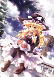 Rule 34 | 1girl, acoco, black thighhighs, blonde hair, boots, bow, braid, broom, cherry blossoms, chimney, cloud, dutch angle, female focus, fur trim, hair bow, hair ornament, hairclip, hat, hat bow, highres, icicle, kirisame marisa, long hair, looking at viewer, mittens, night, night sky, open mouth, scarf, shooting star, side braid, single braid, sitting, sky, smile, snow, snowball, solo, star (sky), starry sky, thighhighs, touhou, tree, witch hat, yellow eyes