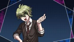 Rule 34 | 1boy, amami rantaro, blue background, brown cardigan, cardigan, collared shirt, danganronpa (series), danganronpa v3: killing harmony, green eyes, green hair, hair between eyes, hand on own hip, looking at viewer, male focus, necktie, official alternate costume, official style, open mouth, shirt, sleeves rolled up, solo, striped necktie, striped neckwear, sweatdrop, white shirt, wing collar, yumaru (marumarumaru)