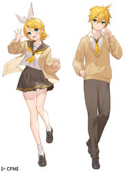 Rule 34 | 1boy, 1girl, adapted costume, alternate costume, beige cardigan, black footwear, black sailor collar, black skirt, blonde hair, blouse, bow, brown pants, cardigan, closed mouth, collarbone, collared shirt, commentary request, contrapposto, crypton future media, dot nose, finger to cheek, flat chest, full body, green eyes, hair bow, hair ornament, hairclip, hand on own hip, hand up, high ponytail, highres, kagamine len, kagamine rin, knees together feet apart, light blush, loafers, looking at viewer, neckerchief, necktie, official art, open cardigan, open clothes, open mouth, pants, partially unbuttoned, pleated skirt, sailor collar, school uniform, shirt, shoes, short hair, short ponytail, side-by-side, sidelighting, sideways glance, simple background, skirt, smile, socks, standing, standing on one leg, teeth, teffish, tsurime, upper teeth only, vocaloid, waving, white background, white bow, white legwear, white shirt, yellow neckerchief, yellow necktie