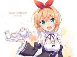 Rule 34 | 1girl, 2019, :d, black bow, black ribbon, black sleeves, blonde hair, bow, breasts, choker, cleavage, cup, dated, detached sleeves, frilled sleeves, frills, green eyes, hair between eyes, hair bow, hairband, happy birthday, holding, holding plate, long sleeves, looking at viewer, medium breasts, neck ribbon, nemu mohu, open mouth, petra leyte, plate, re:zero kara hajimeru isekai seikatsu, red bow, red hairband, ribbon, ribbon-trimmed sleeves, ribbon trim, short hair, simple background, smile, solo, spoilers, teacup, teapot, upper body, white background, white bow