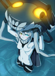 Rule 34 | 10s, 1girl, abyssal ship, adjusting clothes, adjusting headwear, blue eyes, blush, bodysuit, breasts, eyelashes, from above, gloves, glowing, glowing eyes, hat, heterochromia, highres, holding, kantai collection, kate (alice catharsis), long hair, looking at viewer, monster, pale skin, personification, silver hair, solo, tentacles, tube, wading, water, wo-class aircraft carrier, yellow eyes