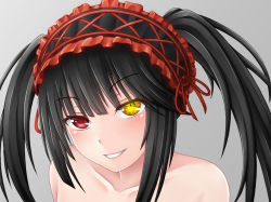 Rule 34 | 1girl, bare shoulders, black hair, clock eyes, collarbone, date a live, hairband, heterochromia, lolita hairband, long hair, looking at viewer, ogoro, red eyes, simple background, smile, solo, symbol-shaped pupils, tokisaki kurumi, twintails, uneven twintails, upper body, yellow eyes