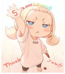 Rule 34 | 1girl, :&lt;, blonde hair, blue eyes, child, commentary request, crayon, hand up, kozato (yu kozato), leggings, looking at viewer, low twintails, original, shirt, short sleeves, short twintails, solo, twintails, white shirt