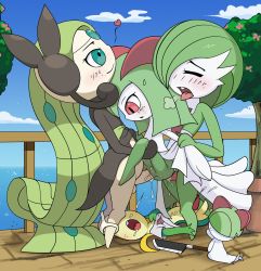 Rule 34 | 2girls, 3futa, anal, bad anatomy, blue eyes, blush, closed eyes, color connection, creatures (company), double penetration, flat chest, freckles, futa with female, futanari, game freak, gardevoir, gen 3 pokemon, gen 5 pokemon, green eyes, group sex, heart, highres, kirlia, knife, legendary pokemon, looking down, lying, meloetta, meloetta (aria), multiple futa, multiple girls, multiple penetration, mythical pokemon, nintendo, on back, open mouth, outdoors, panties, panties around ankles, panty pull, penis, pokemon, pokemon (creature), ralts, red eyes, sex, smile, snivy, standing, testicles, tongue, tongue out, tricksta, uncensored, underwear, vaginal