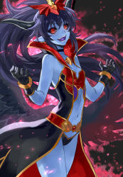 Rule 34 | 1girl, bare shoulders, black gloves, black sclera, blue hair, blue skin, breasts, colored sclera, colored skin, fang, flat chest, gloves, horns, laughing, long hair, mephisto pheles (shinrabanshou), midriff, navel, open mouth, ran&#039;ou (tamago no kimi), red eyes, shinrabanshou, small breasts, smile, solo, very long hair