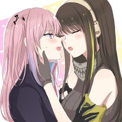 Rule 34 | 2girls, armband, asymmetrical gloves, bare shoulders, black gloves, blue eyes, blush, breasts, brown hair, closed eyes, collar, commentary request, fingerless gloves, from side, girls&#039; frontline, gloves, green hair, grey gloves, hair between eyes, hair ornament, hand on another&#039;s cheek, hand on another&#039;s face, headphones, heart, highres, holding, holding another&#039;s arm, imminent kiss, jacket, lips, long hair, looking at another, m4a1 (girls&#039; frontline), multicolored hair, multiple girls, open mouth, pink hair, purple hair, shirt, side ponytail, sidelocks, simple background, sleeveless, sleeveless shirt, st ar-15 (girls&#039; frontline), streaked hair, sui (camellia), sweat, uneven gloves, upper body, yuri
